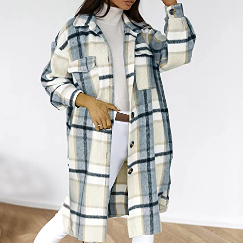 Women's Long Flannel Plaid Jacket Shacket Cozy Lapel Button Down Shirt Outerwear Casual Warm Fuzzy Trench Coat3