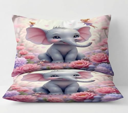Image of Home Sizzler Premium 7D Kids Soft Microfiber Double Bedsheet with 2 Pillow Covers - Soft, Breathable, Cute 3D Baby Elephant & Pink Floral Fairy Print
