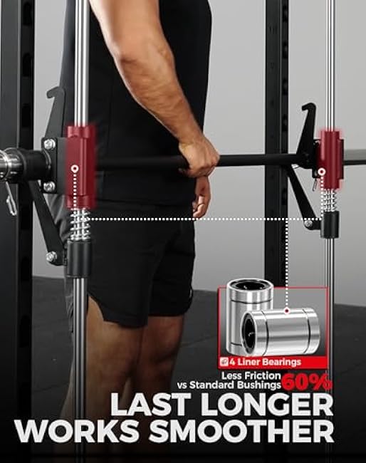 Mikolo Smith Machine Home Gym Power Cage (1:1 Ratio Strength Trainer) (Space Saving Design) (with 8 Free Attachments) Squat Rack for Full Body Training