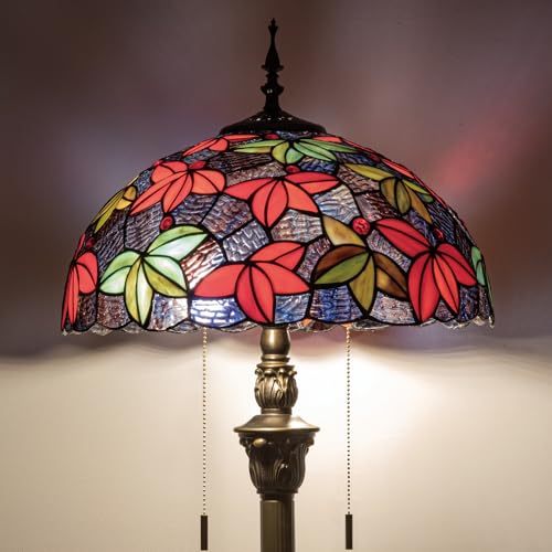 Image of Tiffany Floor Lamp, 16 inch Stained Glass Red Green Maple Leaf Shade with Antique Bronze Base, 2-Light E26 Pull Chain Standing Reading Light for Living Room Bedroom16x16x64 Inches