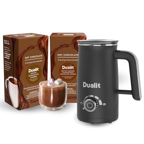 Dualit Hot Chocolate Edit - 2 Packs of Chocolate Chunk Sachets in Mocha and Salted Caramel Flavours with Milk Frother Max