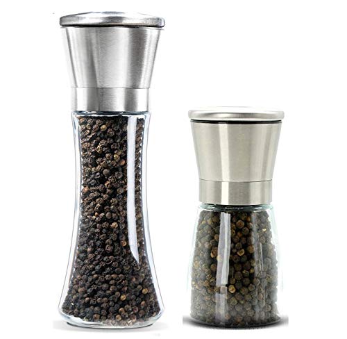 P-Plus International Salt and Pepper Grinder, Pepper Crusher, Pack of 2 Spice Mill for Professional Chef, Stainless Steel Adjustable (Small+Tall Pack 2)