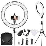 Kit beinhaltet: 1x 19 Zoll / 49 Zentimeter Außen 55W 5800K LED-Ringlicht + 1x 61 Zoll / 155 Zentimeter Lichtstativ + 1x Weißes Filterset + 1x Kamerahalterung + 1x Universaladapter mit EU-Stecker + 1x intelligenter Telefonhalter; Kommt mit einer Tragetasche für bequeme Lagerung und tragen.