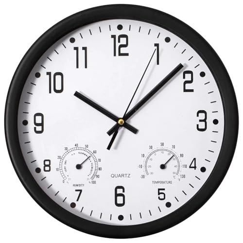 Clockswise 10-inch Non-Ticking Quartz Wall Clock with Thermometer & Hygrometer - Battery Operated Plastic Analog Clock for Temperature & Humidity Monitoring - Ideal for Home, Office or School, Black
