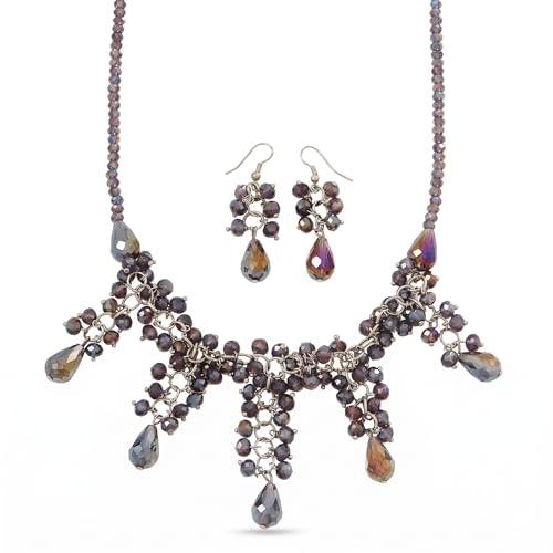 Collar gótico victoriano Avalaya y pendientes de gota de cristal morado metálico de 40 cm