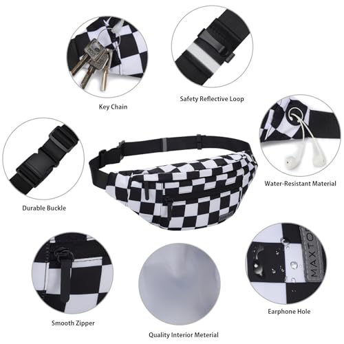 Image of MAXTOP Checkered Fanny Pack Crossbody Bag with 4-Zipper Pockets Large Belt Bag for Enjoy Festival Sports Workout Traveling Running Casual Hands-Free Waist Bag Black and White Checkered