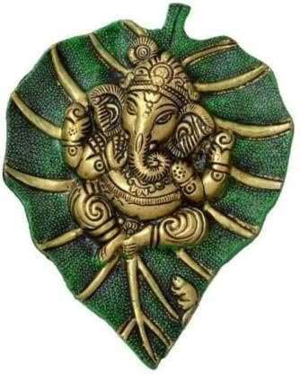 GAURI Traders Handicrafts Green Ganesha Antique | Traditional Handmade | Lord Ganesha on Green Leaf Decorative Showpiece - Auspicious 16 cm (Aluminium, Light Green, Gold)