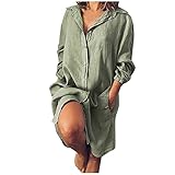 Generic Plus Size Kleid Damen Casual Loose Sommerkleid Blusenkleid Einfarbig Button Down Langarm Shirt Kleid Knielang Sommer Kleider Strandkleid mit Taschen