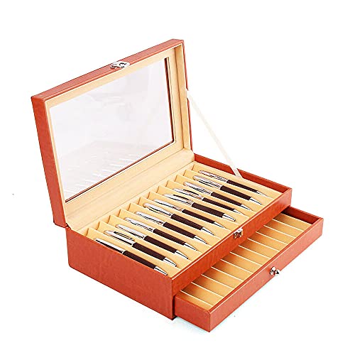 Boîte à Stylos à 24 Emplacements et 2 Couches Boîte à Tiroirs Tiroir de Rangement pour Stylos Cuir PU et Flanelle, Haut Transparent pour Exposer et Ranger vos Stylos (Orange) Cover