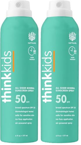 Image of Thinksport Kids Sunscreen Spray, SPF 50 All Sheer Mineral Sunscreen, 6 Fl Oz, Water Resistant Baby & Toddler, Natural Zinc Oxide UVA /UVB Protection (Pack of 2)