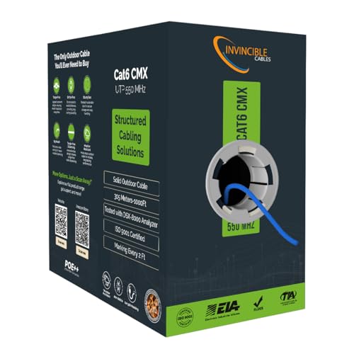 Cat6 Outdoor (CMX) 1000ft Cable | 100% Solid Copper Conductors | 550 MHz, 23AWG 4 Pair, UTP | PoE++ Compatible | DSX-8000 Analyzer Tested Up to 100m | High-Speed & Reliable Performance | (Blue)