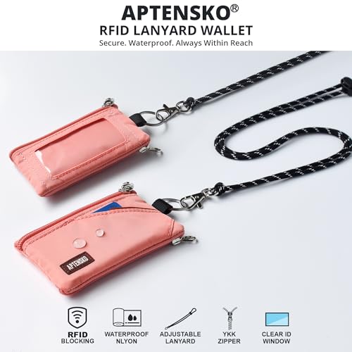 Image of RFID Blocking Travel Wallet with Adjustable Lanyard, Small Nylon Zipper Pouch and Badge Holder for ID, Credit Cards, Cash, Keys, Commuters (Coral Blush)
