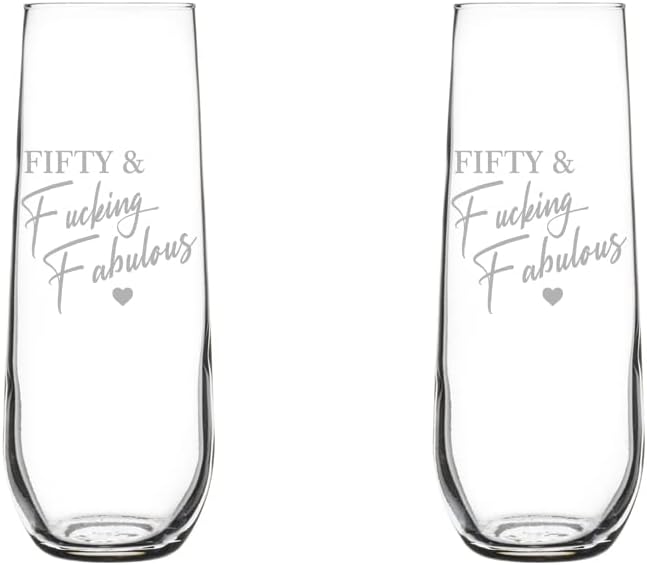 MIP Set of 2 Glass Champagne Flutes Sparkling Wine Glasses Gift Fifty & Fcking Fabulous 50th Birthday For Her (8.5 oz Stemless)