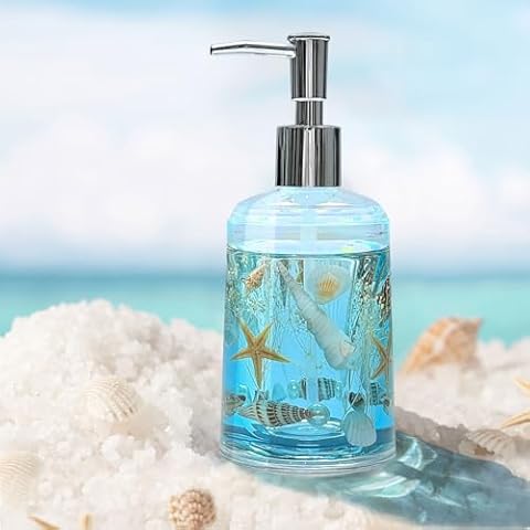 FONMY Soap Dispenser with Pump Acrylic w/Nature Seashell Handmade Bathroom Hand Soap Dispenser, Kitchen Refillable Liquid Dispenser for Soap,Dish Soap, Lotion (Blue) Cover
