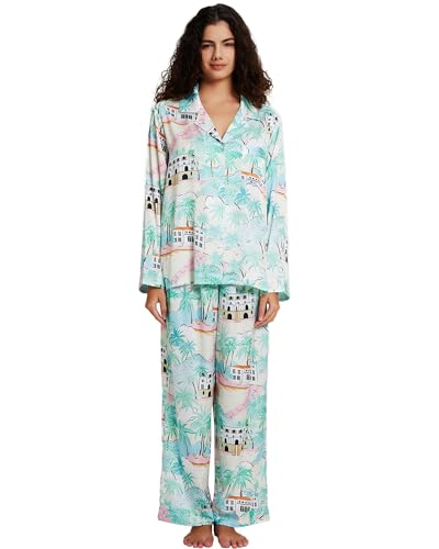 Image of YiNi LuLu Womens Silk Satin Pajamas Set Button Down 2 Piece Pjs Long Sleeve Oversized Sleepwear with Pockets
