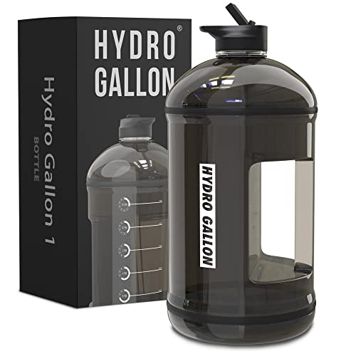 Hydro Gallon® 1 Bottle - 1 Gallon Water Bottle Jug with Straw Lid, Spout Chug Lid, Handle, Motivational Time Marker. Daily Intake All Day Leakproof BPA free Large Big Bottle. 128oz (Black)