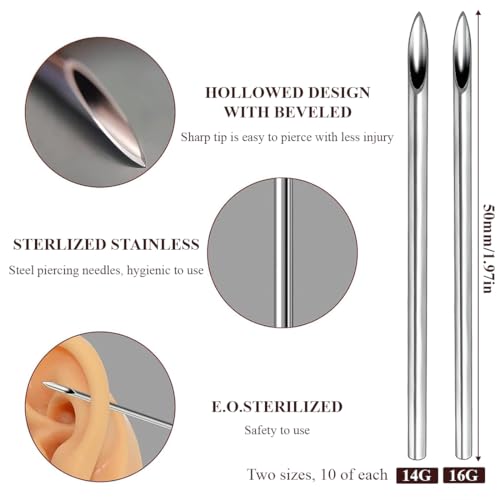 OIXEYA Piercing Nadeln, 20 Stück, Einweg Körperpunktionsnadeln, Piercing Nadel Edelstahl, Einzelpaket mit Spone-Cover-Kugel für Ohr, Nase, Lippe, Nabelpiercing 14G 16G