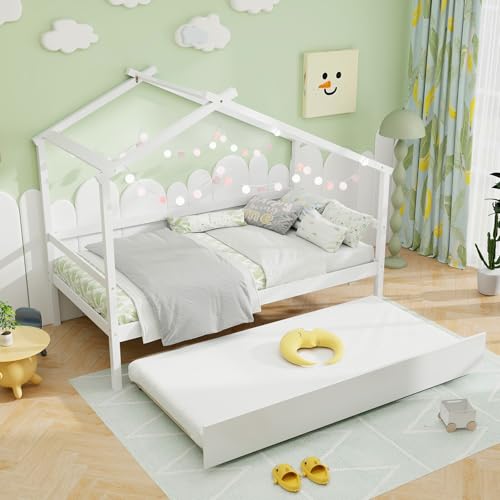 Giantex Wood House Bed for Kids, Twin Bed Frame with Trundle Bed Twin, Kids Bed Frame with Headboard and Footboard, Twin Size House Bed for Kids, Girls, Boys (White)
