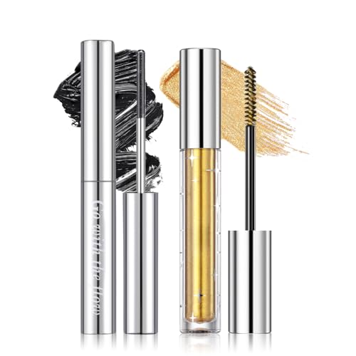 Prreal 2 máscaras doradas con purpurina y rímel de metal negro, de larga duración, para pestañas de ojos, no agrupadas, para fiestas diarias, festivales, maquillaje de ojos, juego B