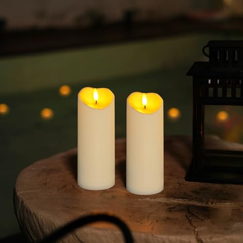 Image of Homemory Outdoor Waterproof LED Candles, Battery Operated with Remote and Timers, Electric Fake Plastic Pillar Candles, Ivory White, Set of 2