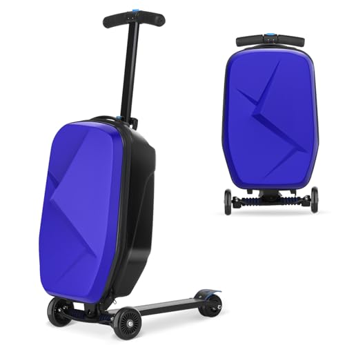 Scooter Luggage For Kids & Adults， Hardside Ride On Suitcase For Kids Ages 4-15 Multifunctional Lightweight Foldable Carry On Luggage With Wheels Ride On For Children Teenagers (Indigo Blue, 20