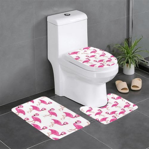 JCAKES Bath Mat Sets - Pink Flamingo Bathroom Mat Bathroom Rugs Carpet Anti Slip Door Mat Hot Tub Floor And Toilet Mat Set 3 Piece Durable Flannel Floor Mat