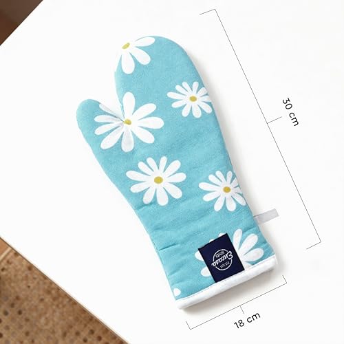 Image of Encasa XO Extra Long 18x35 cm Microwave Oven Gloves Mitts (2 pcs) for Kitchen Cooking - Daisy Blue - Heat Resistant, Thick & Safe, Protection of Hands from Hot Utensils, Gas Flame, Grill, Barbecue
