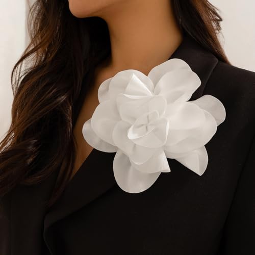 Image of Flower Pins Large Flower Brooches Dainty Satin Fabric Rose Flower Brooches Lapel Pins Delicate Elegant Silk Camellia Flower Oversized Brooch Pin for Women Wedding Part Dance Dress Suit Clothes Accessories Prom Jewelry Gifts