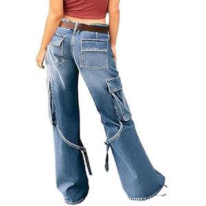 Flamingals Women’s High Waist Jeans Tape Flap Pocket Buckle Straight Cargo Jeans for Women Mid Blue