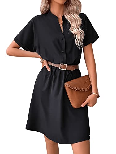 GORGLITTER Damen Hemdkleid Elegant Blusenkleid V-Ausschnitt Kurzarm Sommer...