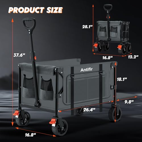 Image of Collapsible Wagon with Tailgate,Foldable Cart with Wheels,330LBS Resting Large Capacity,2 Drink Holders & Side Pockets,Long Extender,for Groceries,Shopping,Camping,Beach,Garden,Grey