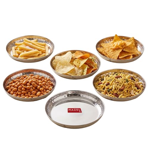 Image of HAZEL Stainless Steel Small Plate 15.5 cm, Pack of 6 | Hammered Finish Side Wall Round Steel Thali for Snack Plate for Daily Use Home, Office & Restaurant