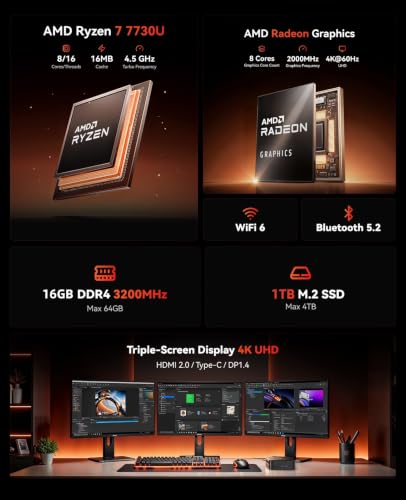 Image of KAMRUI E3B Mini Gaming PC Windows 11 pro, AMD Ryzen 7 7730U (Upgraded 7640HS /7430U), 16GB RAM 1TB M.2 SSD Desktop Computers, 4K Triple Display /Type-C /WiFi6 /BT5.2 for Gaming | Business | Home | Office