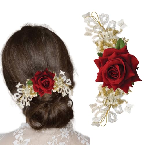 Image of TEMPERIA (1pc) Hair Accessories For Women's & Girls - Stylish Artificial Flowers & Crystal Pearls Bun Juda Bridal Brooch for Hairstyle & Decoration - Pins & Clips for Style of Bride (Red & White)