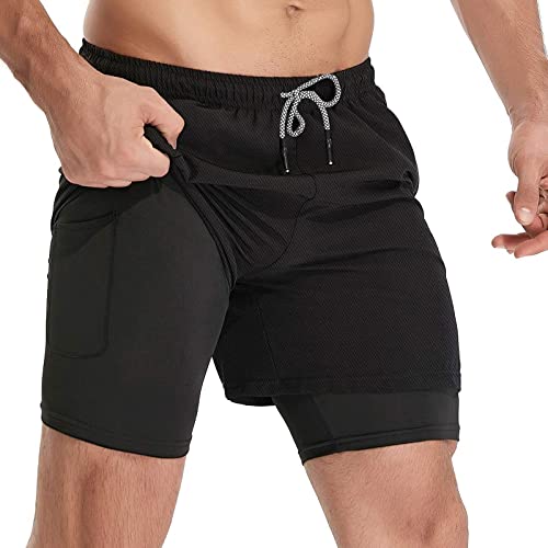 HOPLYNN Mens Running 2 in 1 Sports Shorts Breathable Outdoor Workout Training Shorts with Pockets Black M