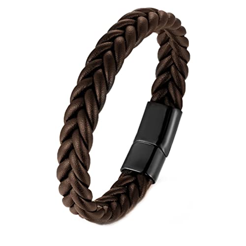 BIYONGDE Handmade Brown Braided Leather Bracelet, Black Stainless Steel Clasp, Mens, Cool Classic...