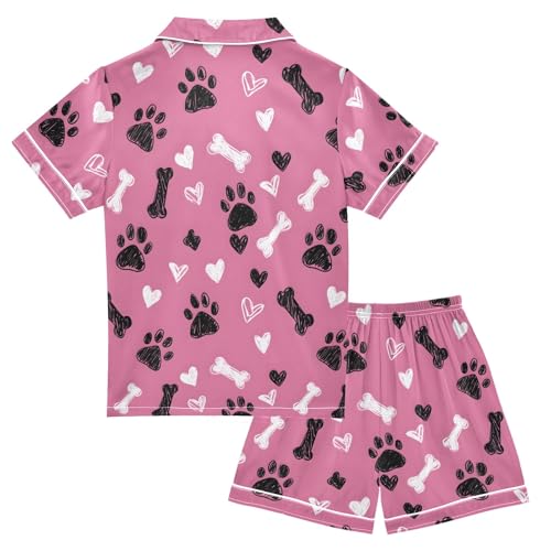 Hand Drawn Footprint Pattern Summer Satin Pajama Set, Cute Button-Down Sleepwear Pj Set for Sleep Wears2