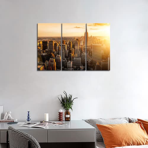 My Easy Art- New York City Wall Art Decor Skyline Of United States Nyc Canvas Pictures Artwork Skyscrapers Buildings Cityscape At Sunset 3 Panel Painting Prints For Home Living Dining Room #TOP2