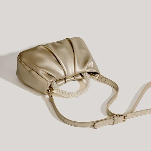 بيتفل شنطة يد نسائية من اللؤلؤ مصنوعة من الجلد الناعم بتصميم مكشكش مناسبة لحفلات الزفاف والحفلات الراقصة، لون ذهبي، فريدة من نوعها