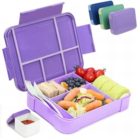 Bugucat Bento Box Adult,45OZ Leak-Proof Lunch Box with 6 Compartments Cutlery, Lunch Containers for Adult Suitable for Microwave Dishwasher Purple Cover