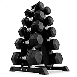 BalanceFrom Signature Alloy Steel 200 lb Rubber Encased Hex Dumbbell Strength Training 10, 15, 20, 25, and 30 lb Weight Set with Storage Rack, Black