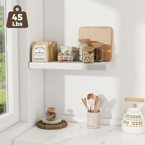Image of Fun Memories 24 x 12 Inch Deep Floating Shelves, 12 Inch Deep Rustic Wooden Book Shelf, Extra Deeper & Thicker Hanging Shelves for Living Room, Bathroom, Bedroom, Kitchen, Office, Set of 2 (White)