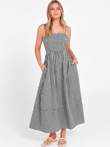 Image of Caracilia Womens Maxi Dresses Gingham Spaghetti Strap Back Smocked Flowy Long Sundress Summer Beach Vacation Clothes 2026