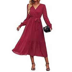 OUSIMEN Kleid Damen 2024 V Ausschnitt Midi Langarm Freizeitkleid Einfarbig Elegante Hohe Taille A-Line Kleider