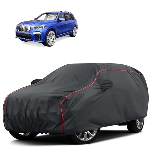 Image of Sulfar 100% Water Resistant Car Body Cover Compatible with Mirror for BMW X7 (Triple Stitched, Full Bottom Elastic, Dark Grey Tafetta with Red Piping)