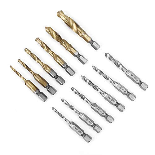 12pcs M3-M10 Hex Shank Thread Tap Screw Titanium Plated Metric & Inch Tap Drill Bits HSS Screw Thread with Red Case