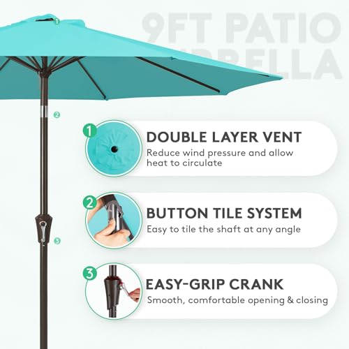 Image of JEAREY 9FT Outdoor Patio Umbrella Outdoor Table Umbrella with Push Button Tilt and Crank, Market Umbrella 8 Sturdy Ribs UV Protection Waterproof for Garden, Deck, Backyard, Pool (Peacock Blue)