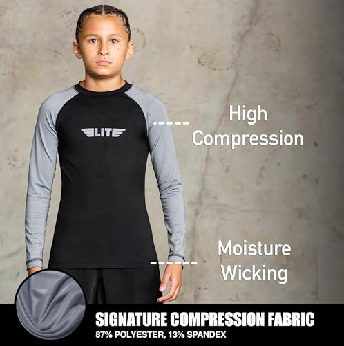 Elite Sports Rash Guards for Boys and Girls, Full Sleeve Compression BJJ Kids and Youth Rash Guard