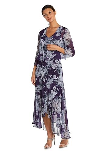 Image of R&M Richards Women's Elegant Floral Chiffon High-Low Dress W /Shimmer Accents & Coordinating Bolero