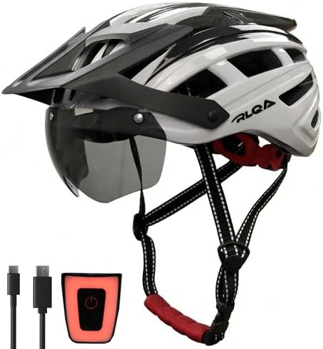 RLQA Fahrradhelm Herren Damen, MTB/Rennrad Helm mit Abnehmbarer Magnetischer Visier & Brille, Radhelm mit 24 Luftungsschlitzea, LED Rucklicht, Reithelm Verstellbare GroBe